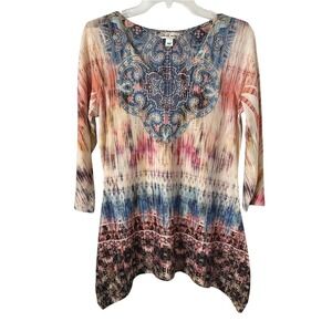Y2K Boho Abstract Tie-Dye Burnout Tunic Top Embellished V-Neck Sharkbite Hem S